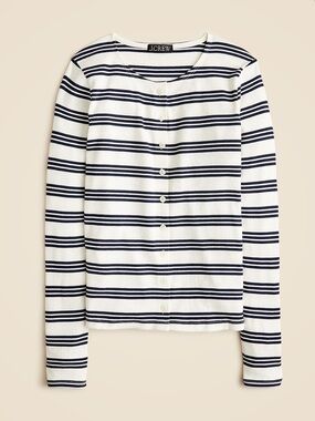 J. Crew White and Navy Striped Button-Front Long Sleeve Cardigan Top